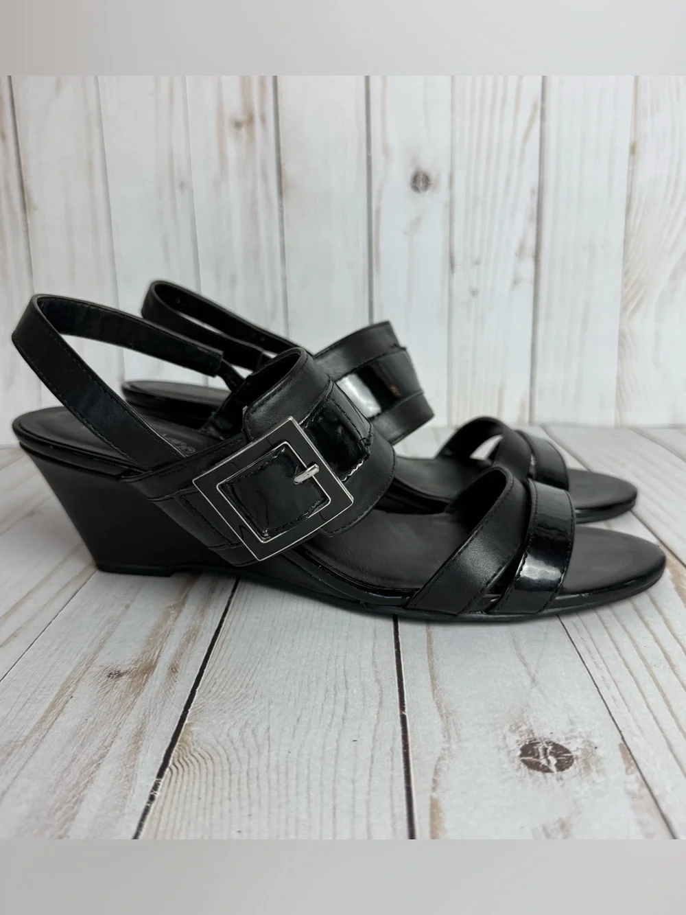 Coach and Four Black Patent Leather Wedge Sandals Open Toe Slingback Buckle